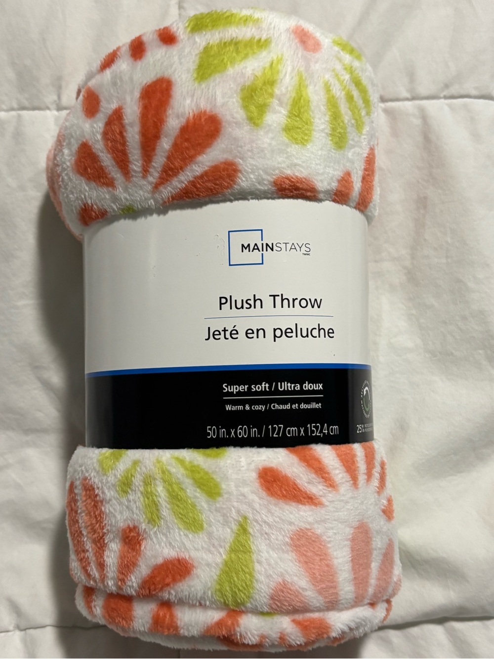 Mainstays Happy White Plush Throw Blanket with Orange & Lime Floral Design